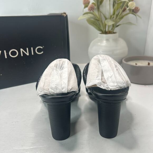 Vionic Emaline Mule Heel Ruched Leather Strappy Sandals Black Women 7M Tried On - Picture 4 of 10